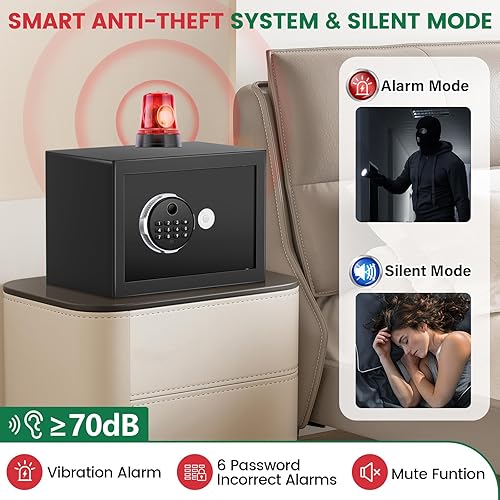 Miniatura 3 de Caja de seguridad biométrica inteligente, caja fuerte para el hogar de 1.2 pies con teclado digital y llaves de repuesto, caja de seguridad para