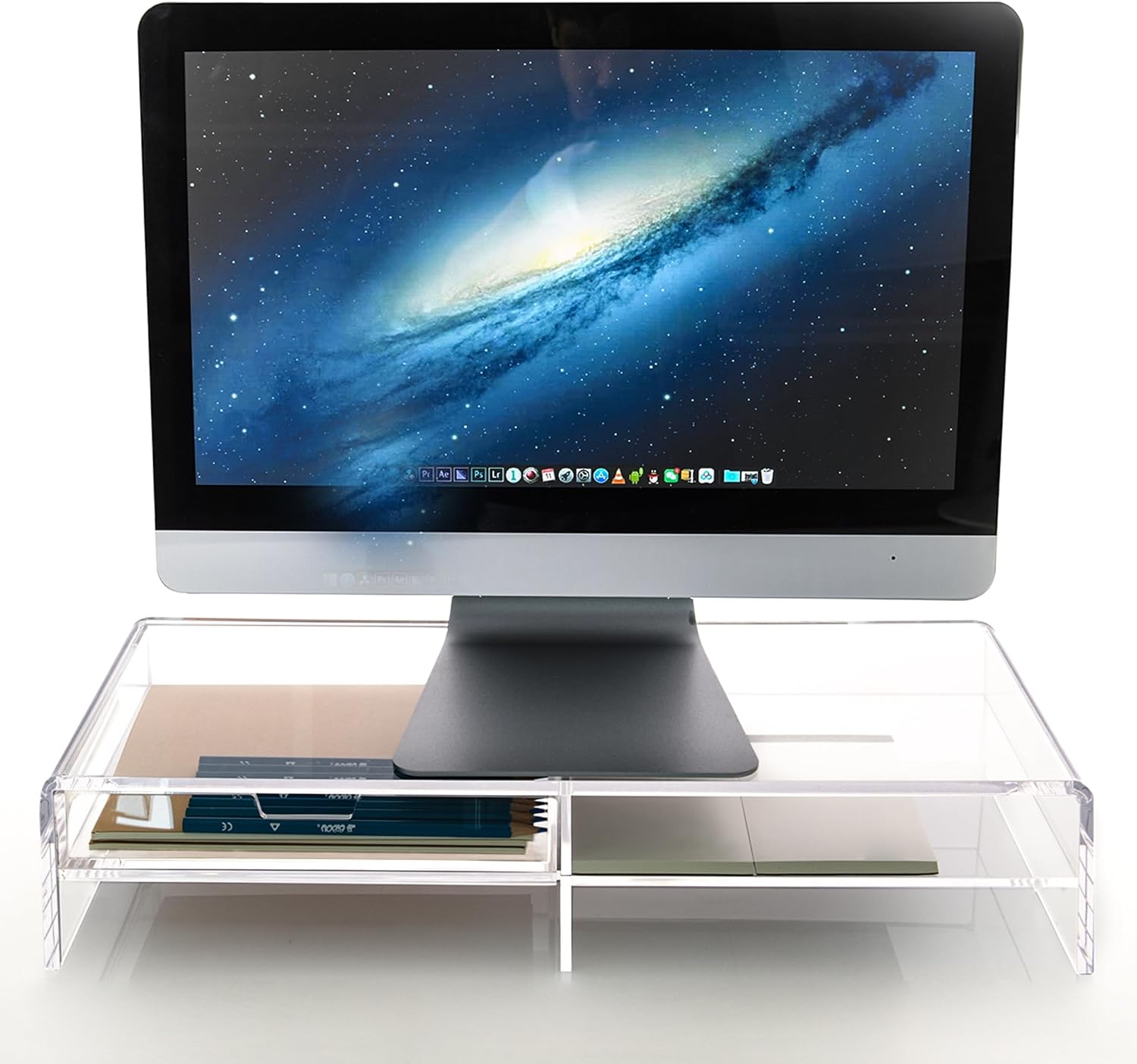 2-Tier Acrylic Monitor Stand Riser with Drawer - 19.68" Large Clear Laptop Stand - Ergonomic Desk Organizer for Computer, iMac, MacBook - Sturdy Storage Shelf for Office Supplies & Home Desktop