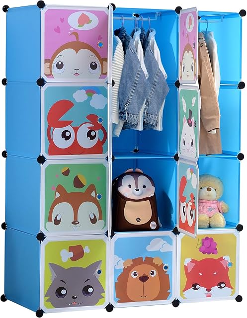 BRIAN & DANY Cartoon Clothes Closet Wardrobe Storage Organizer, 8 Cubes & 2 Hanging Sections, Blue