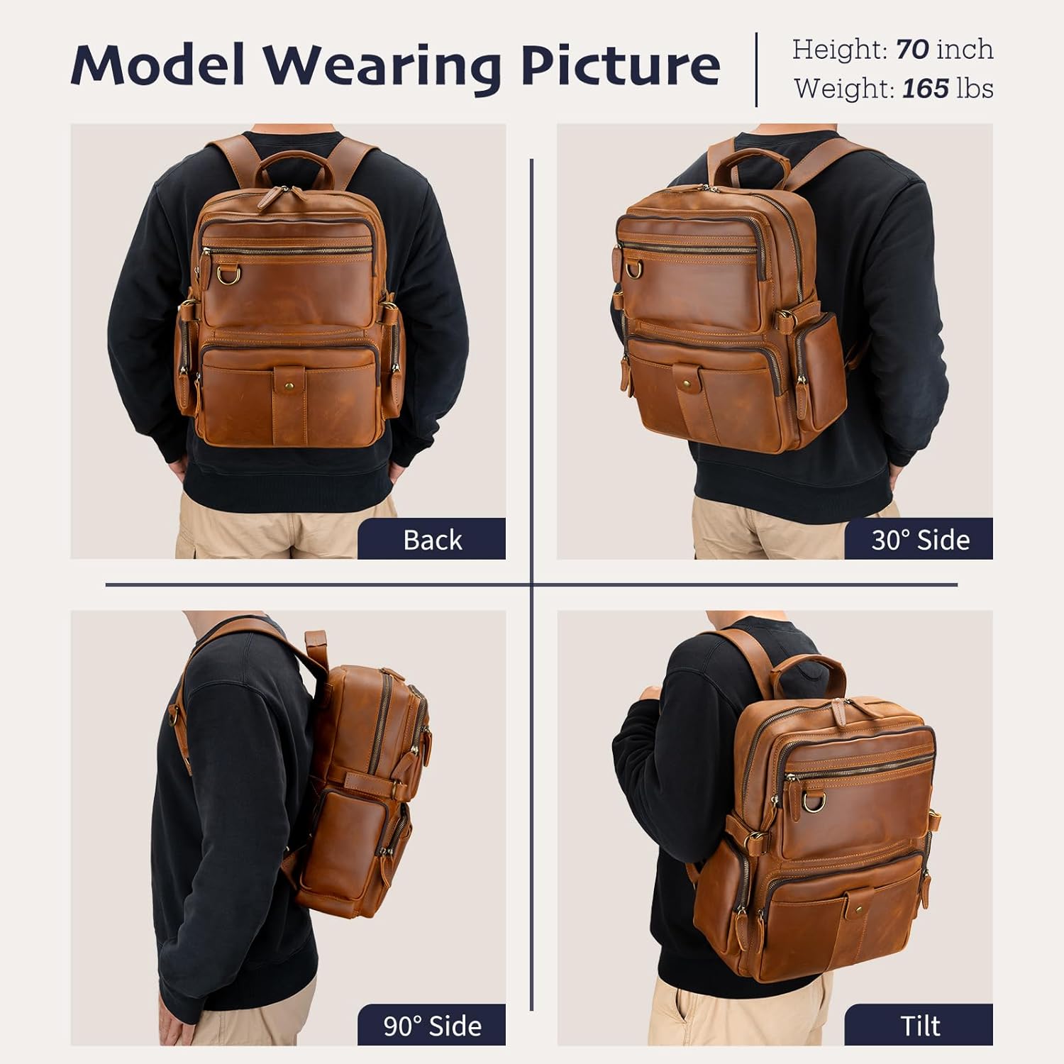 Leather Backpack for Men 15.6" Laptop Backpack 100% Madagascar top-Grain Leather Backpack Light Brown Large Size