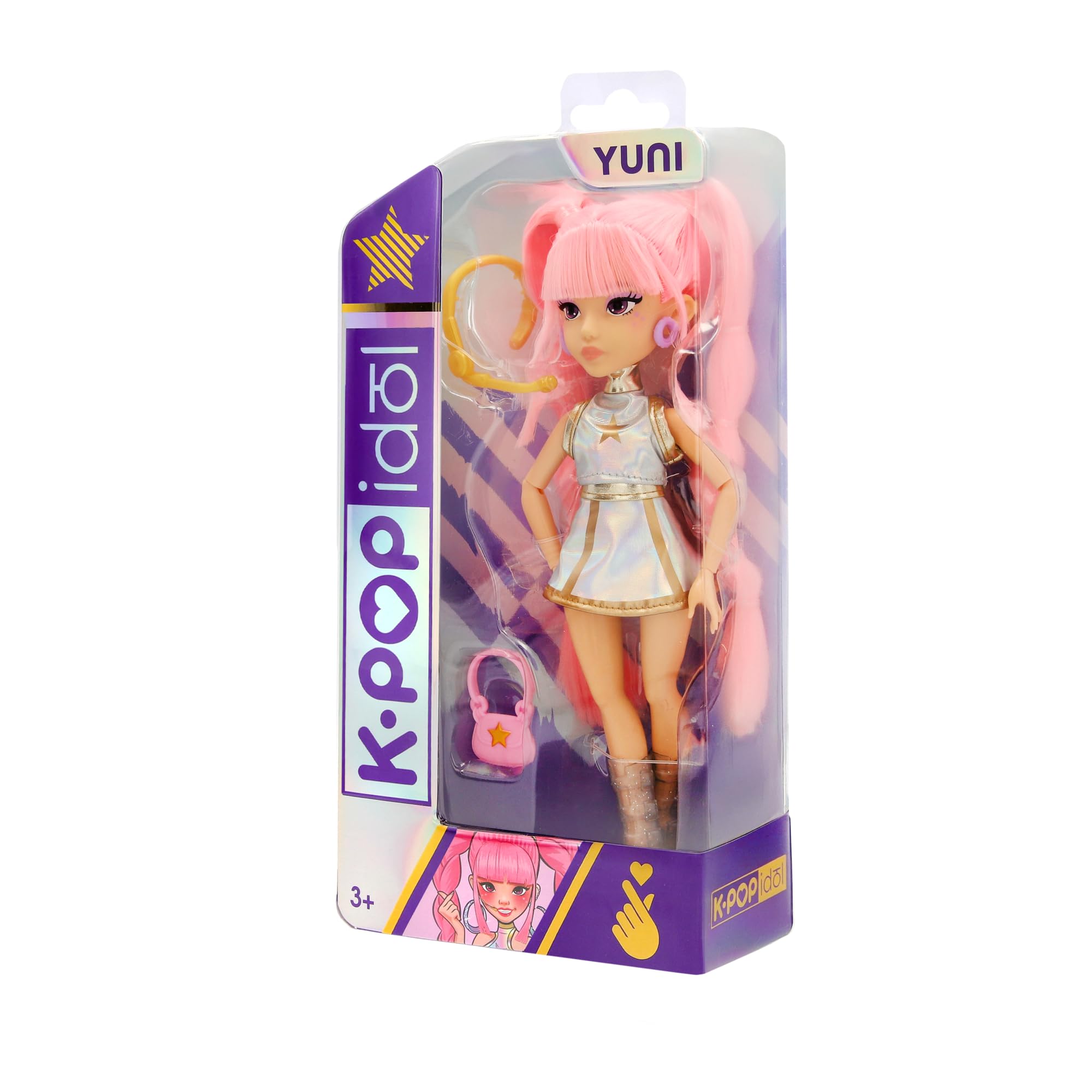 K Pop Idol Yuni Fashion Doll Lalka K-Pop Moonlight, różowe włosy plecione. 3 akcesoria do tworzenia optymalnych strojów dla fanów w wieku 3 lat