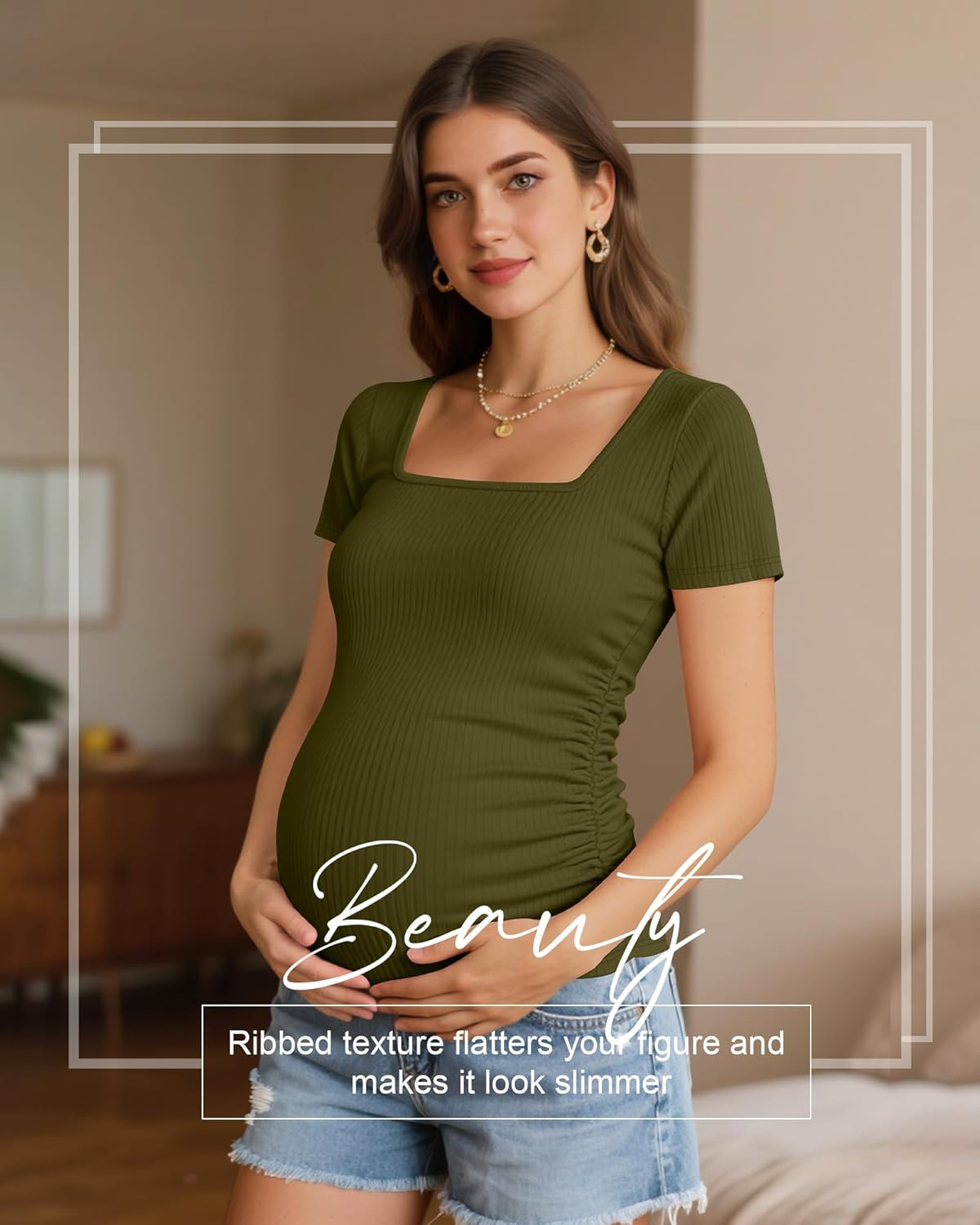 Huukeay 3 Pack Women's Maternity Shirt Ribbed Cotton Short Sleeve Maternity Top Square Neck Side Ruched Summer Pregnancy Tees - Image 2