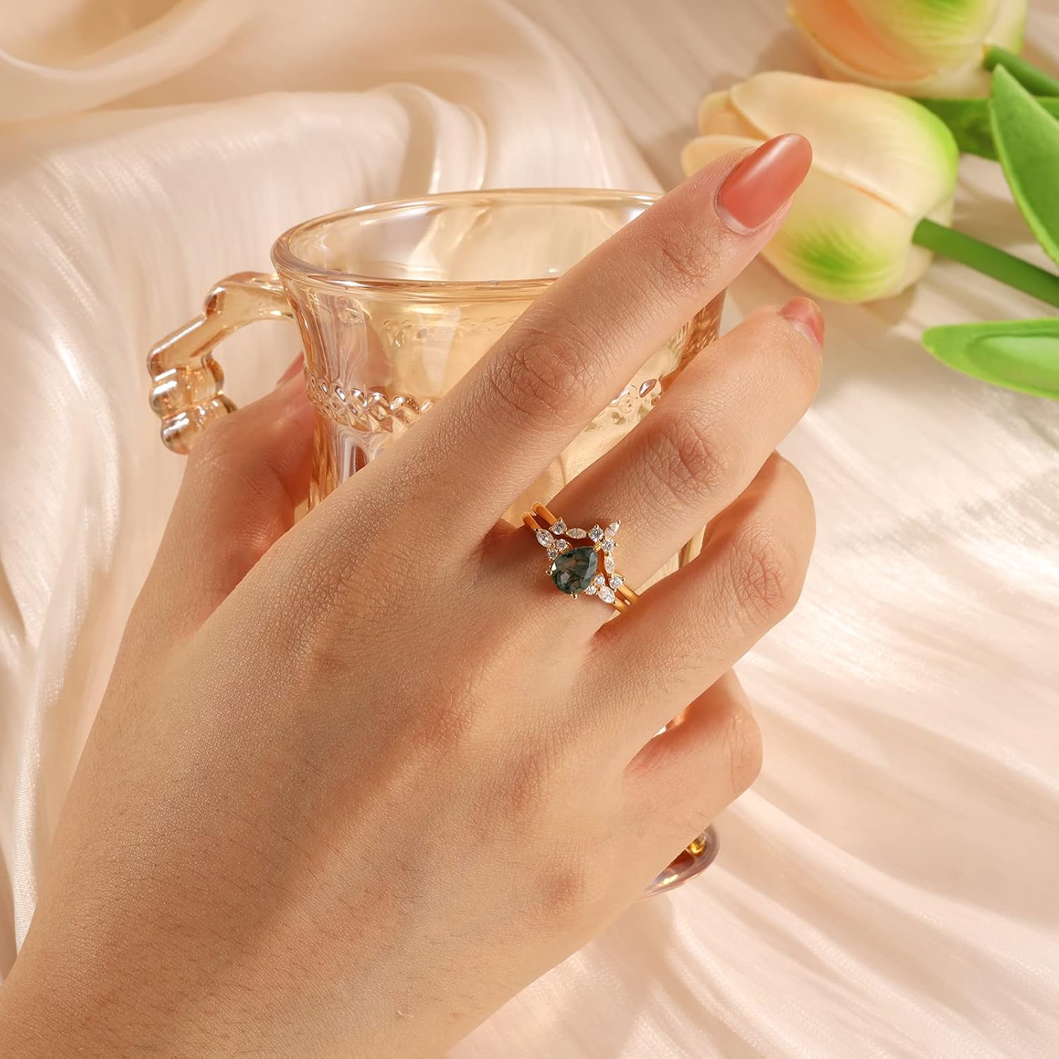 Nameinhea Moss Agate Ring,925 Sterling Silver Moss Agate Engagement Ring for Women Gemstone Ring Set for Wedding Promise Rings for Her,Size 4-11 Available