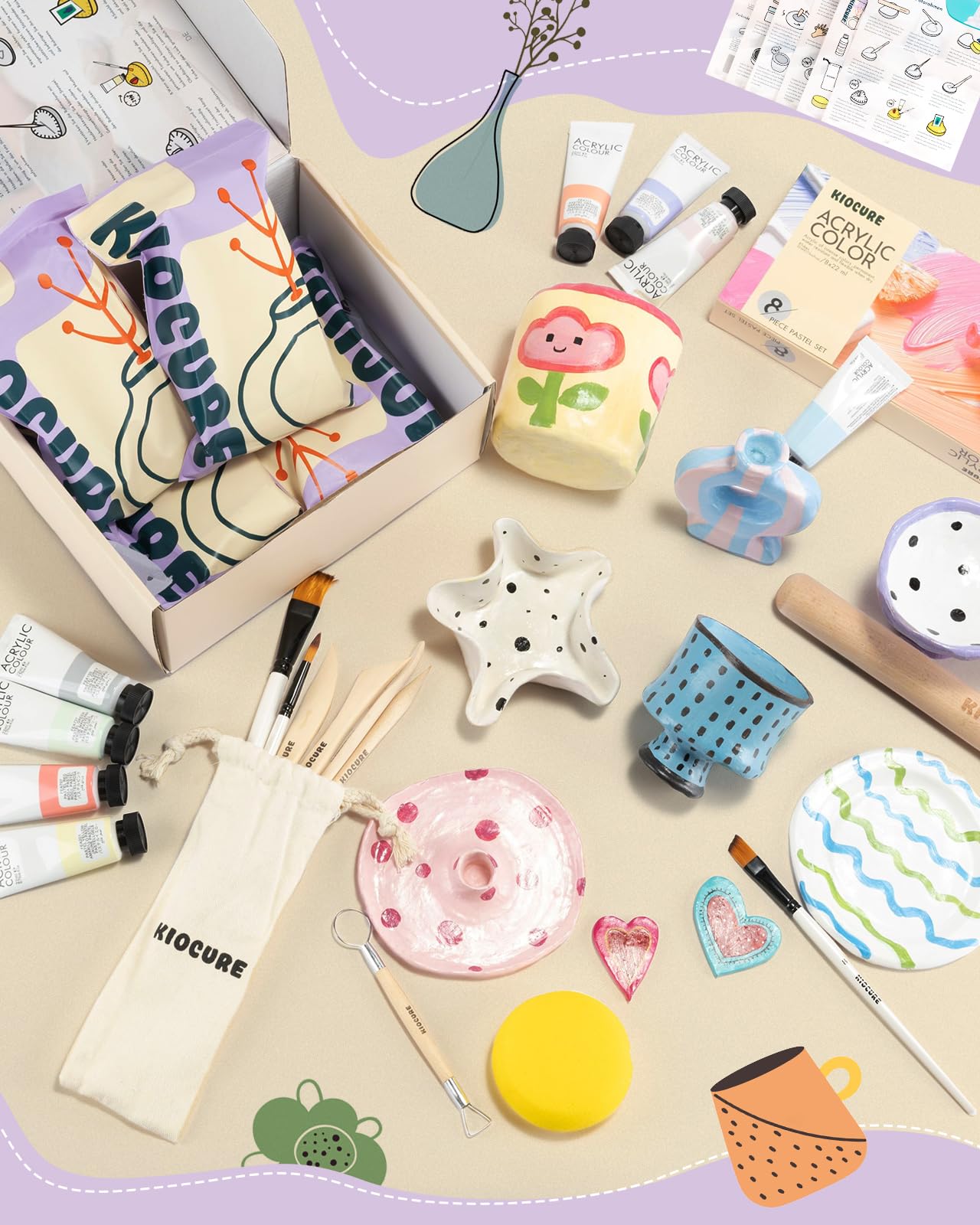 Töpferset für Zuhause Pottery Set: Ton zum Töpfern lufttrocknend für Erwachsene, DIY Set Erwachsene Ton Set mit Modellierwerkzeug, Acrylfarben, Töpfern Zuhause für Anfänger