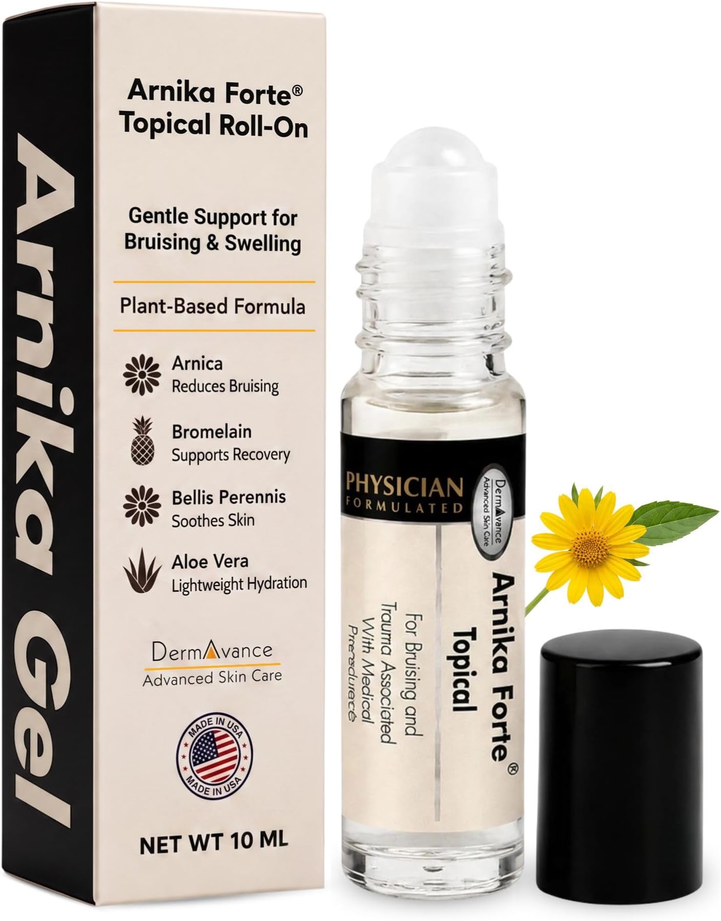 Arnika Forte Topical Roll-On - Arnica Gel for Bruising - 10mL | Topical Arnica Gel Roll On, Arnica Bruise Gel for Bruising and Swelling, Plant Based Formula, Support Smoother-Looking Skin