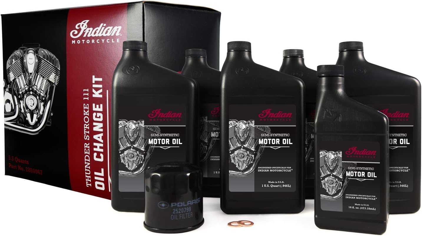Indian Motorcycle Oil Change Kit for Chieftain, Roadmaster, Chief, Springfield Models With Thunderstroke 111 & 116 Engines, 6 Quarts 20W-40 Semi-Synthetic Motor Oil, 1 Oil Filter, 2 Washers - 2889311