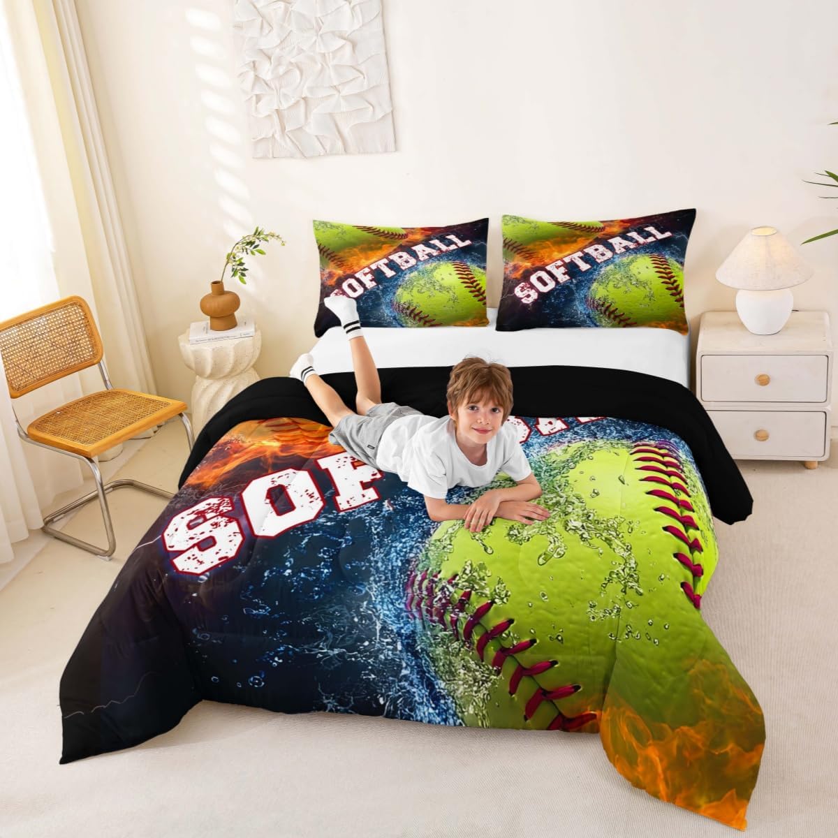 Castle Fairy 3D Softball Comforter for Youth Adults,Ice and Fire Bedding Sets Queen Size,Boys Gamer Quilt/Duvet Insert 3 Pcs,Ball Sports Gaming Comforter Sets Microfiber for All Season