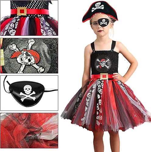 Miniatura 6 de Kit de disfraz de pirata para niñas, vestido de tutú pirata para Halloween, juego de accesorios de pirata para niñas, disfraz de pirata para niños