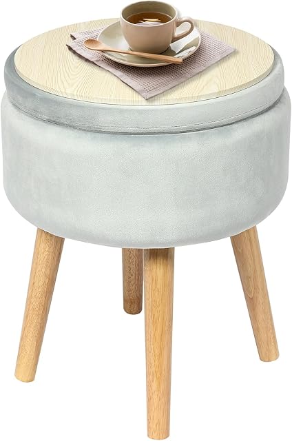Bonlife Velvet Ottoman Storage Coffee Table Upholstered Foot Stool Seat 36x36x45cm 4 Wooden Legs Round Living Room Blue Chair