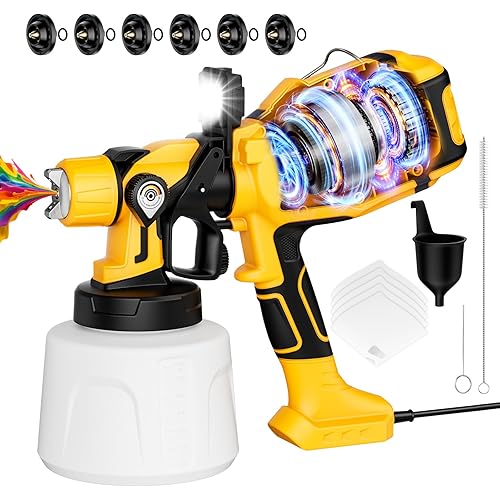 Paint Sprayer for House Painting, Paint Sprayer with 1000W Powerful Copper Motor, 1400ml (47oz) Container, 6 Brass Nozzles & LED Light, Easy to Clean for House, Fence, Furniture, DIY, Garden, Walls