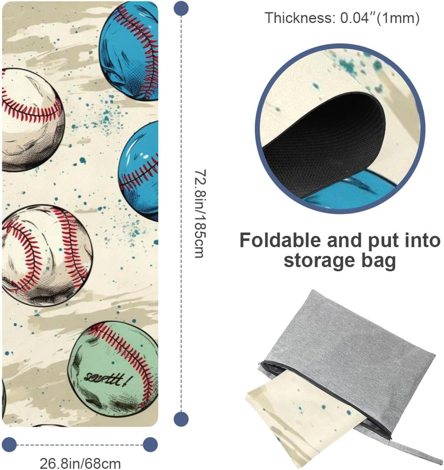 Yoga Towel, Baseball Pattern Non Slip Sweat Absorbent Hot Yoga Mat Towel for Hot Yoga, Pilates and Fitness - 72.8" x 26.8"