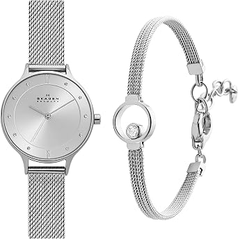 Skagen Womens Anita Stainless Steel Mesh Watch, Silver Model SKW2149 Elin Silver-Tone Crystal Bracelet, 6.5" + 1.5" Extender