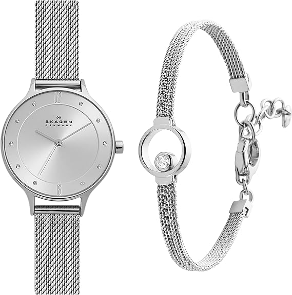Skagen Women's Anita Stainless Steel Mesh Watch, Silver (Model: SKW2149) Elin Silver-Tone Crystal Bracelet, 6.5 + 1.5 Extender