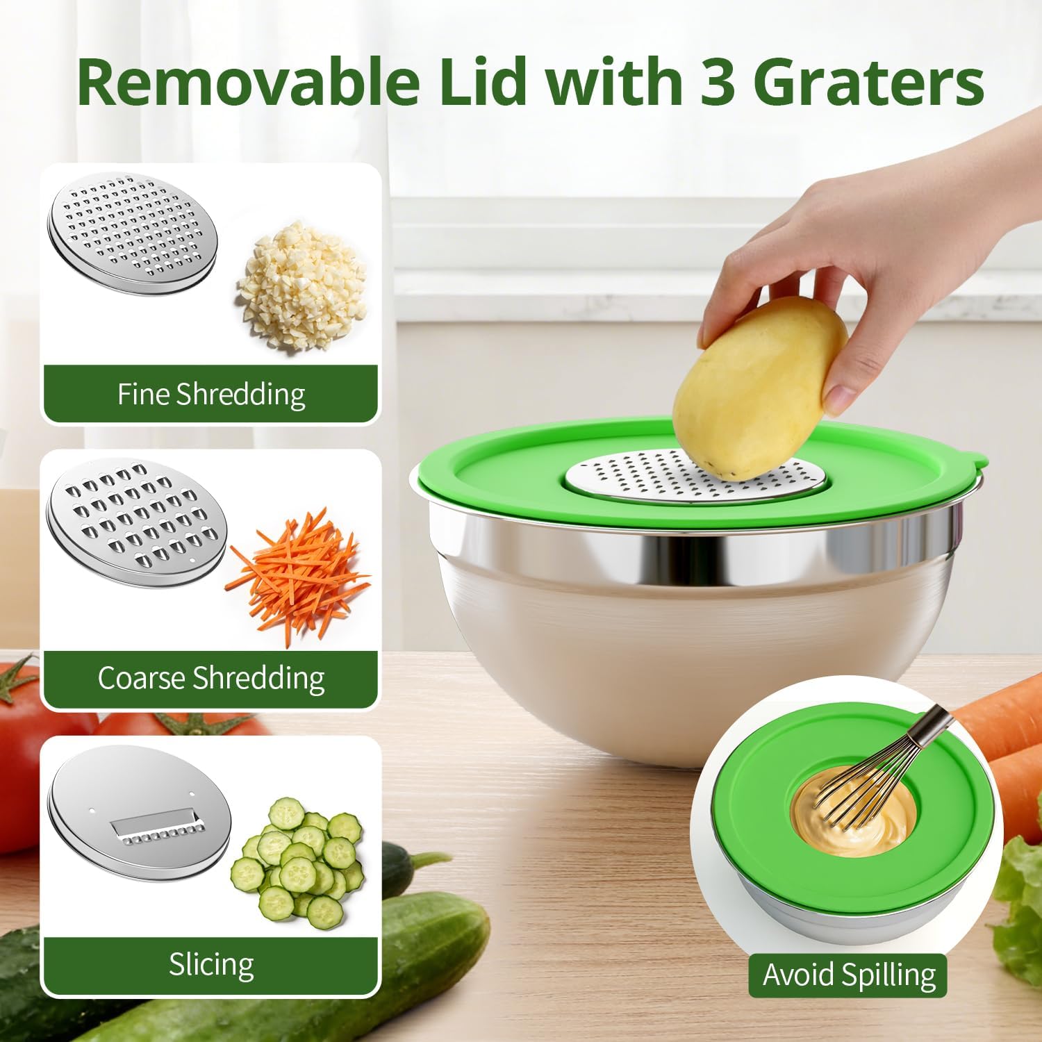 Stainless Steel Mixing Bowls with Lids, 6PCS Nesting Bowl Set 4.5/4/2.5/2/1.5/0.75QT, Airtight Lids, Built-In Grater, Dishwasher Safe