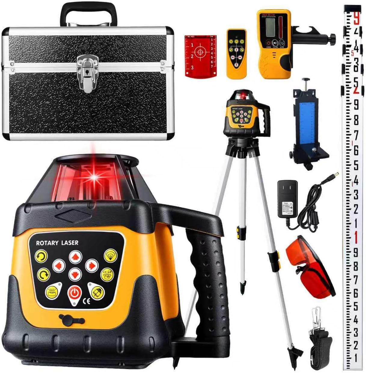Red Rotary Laser Level 2000ft, 360 Degree Self Leveling Laser Level Kit with Receiver Remote Control and Surveying Tripod 16.4ft Staff, 5 Rotation Speeds& 4 Angles Adjustment,IP66 Waterproof.