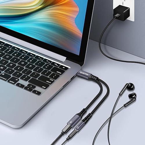 Miniatura 5 de Adaptador de auriculares USB C, USB C a adaptador de auriculares y cargador de 0.138 in, conector de micrófono USB C a AUX con PD de 60 W de carga