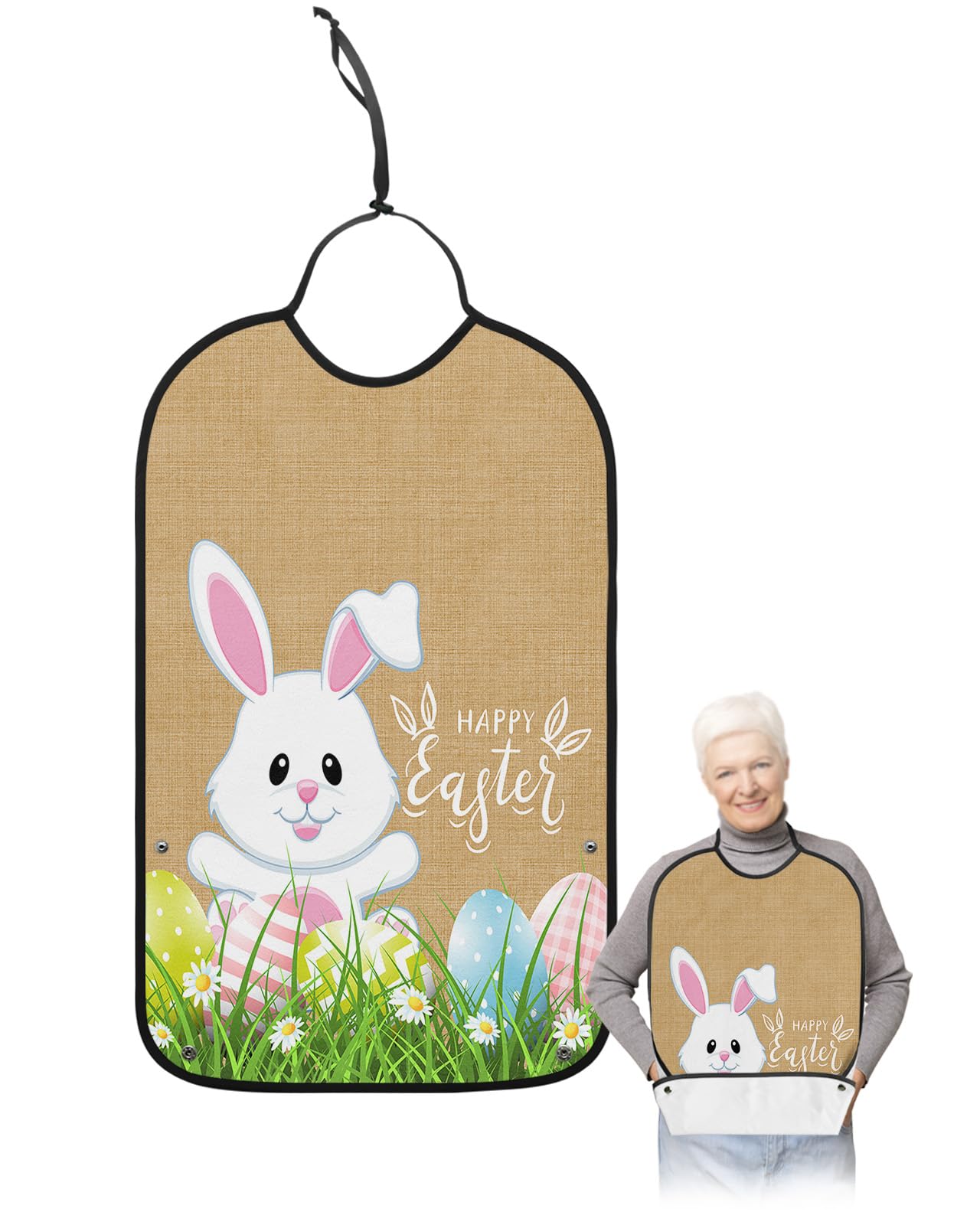 Kewadony Adult Bibs for Elderly Women - Happy Easter Bunny Waterproof Dining Clothing Protectors with Crumb Catcher for Eating/Feeding, Spring Daisy and Eggs on Grass Terry Cloth Bib Machine Washable