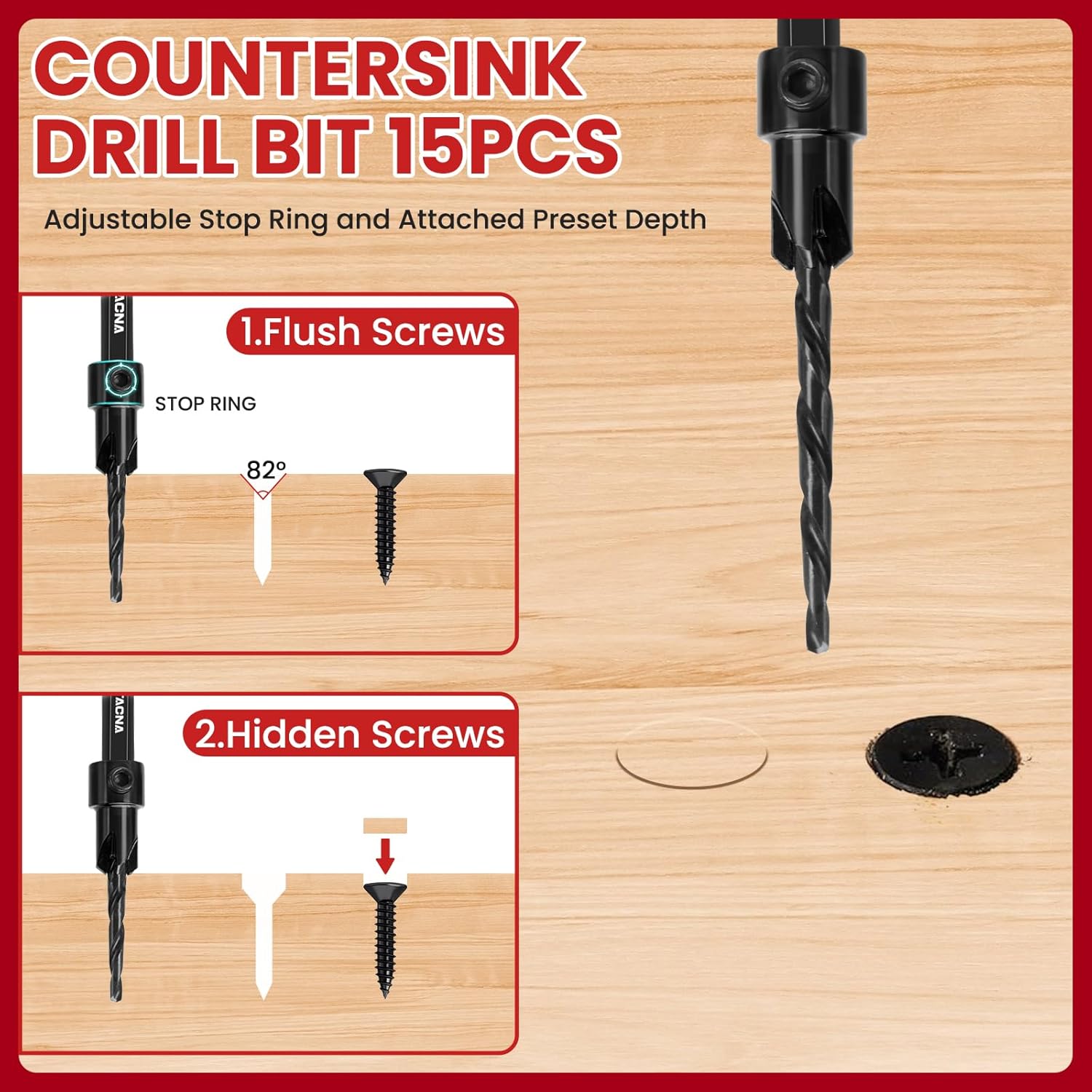 15PCS Wood Countersink Drill Bit Set Tapered Pilot Drill Bits with Depth Stop Plug Cutters Phillips Screw Bits & Magnetic Extension 1/4" Quick Change Hex Shank with Storage Case