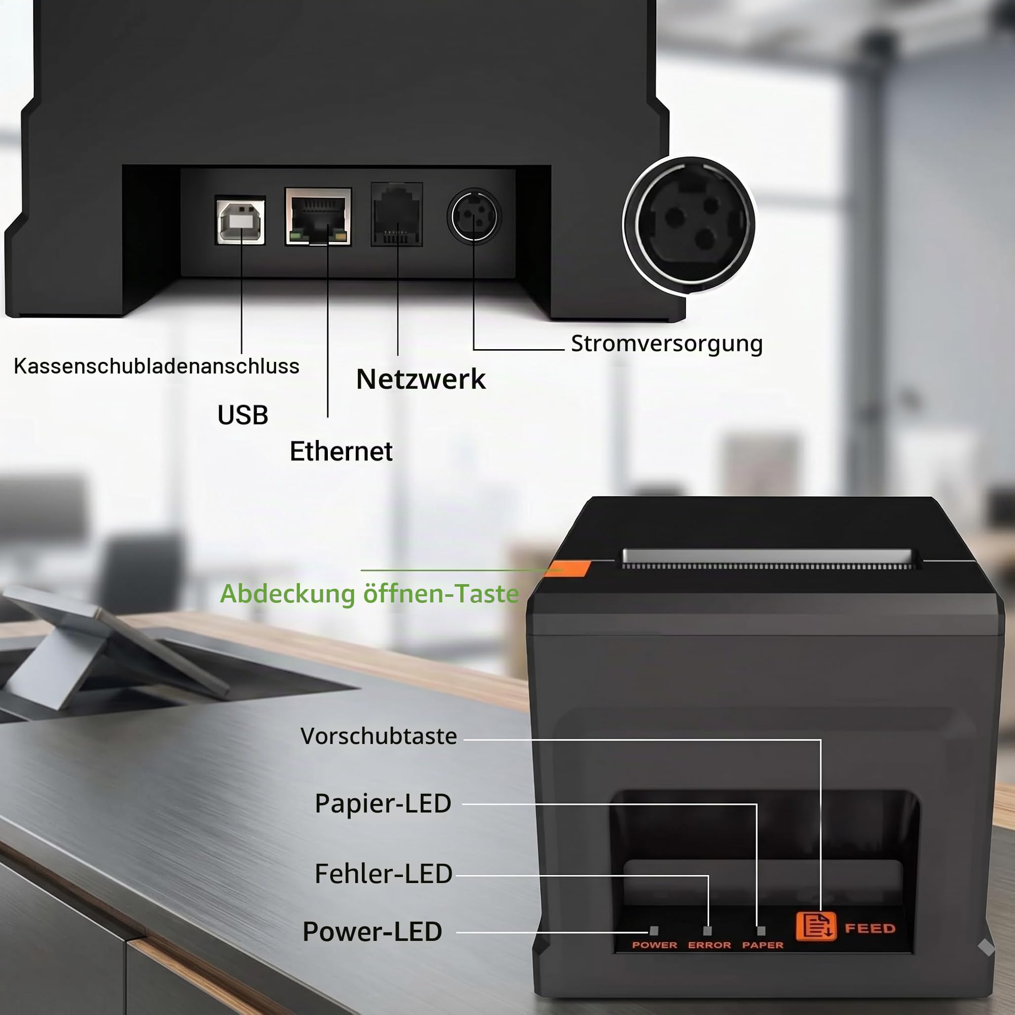80mm POS Drucker mit 5 Rollen Papier und Bluetooth, Automatischer Cutter, 300mm/s für Windows PC, USB LAN