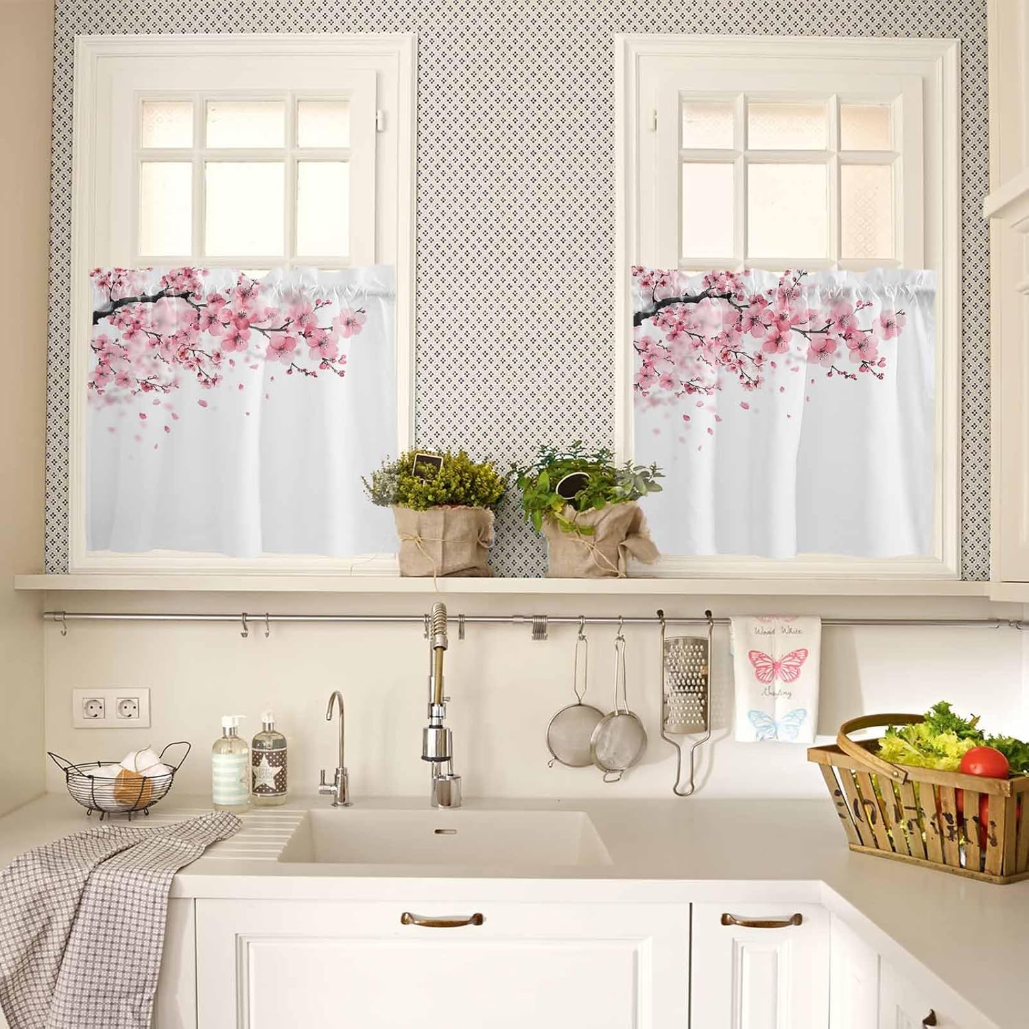 Kitchen Curtain 24 Inch Length, Spring Pink Sakura Flowers Small Short Cafe Tiers Curtains Drape, 2 Panels Window Treatment Rod Pocket Drapery Curtains 55x24