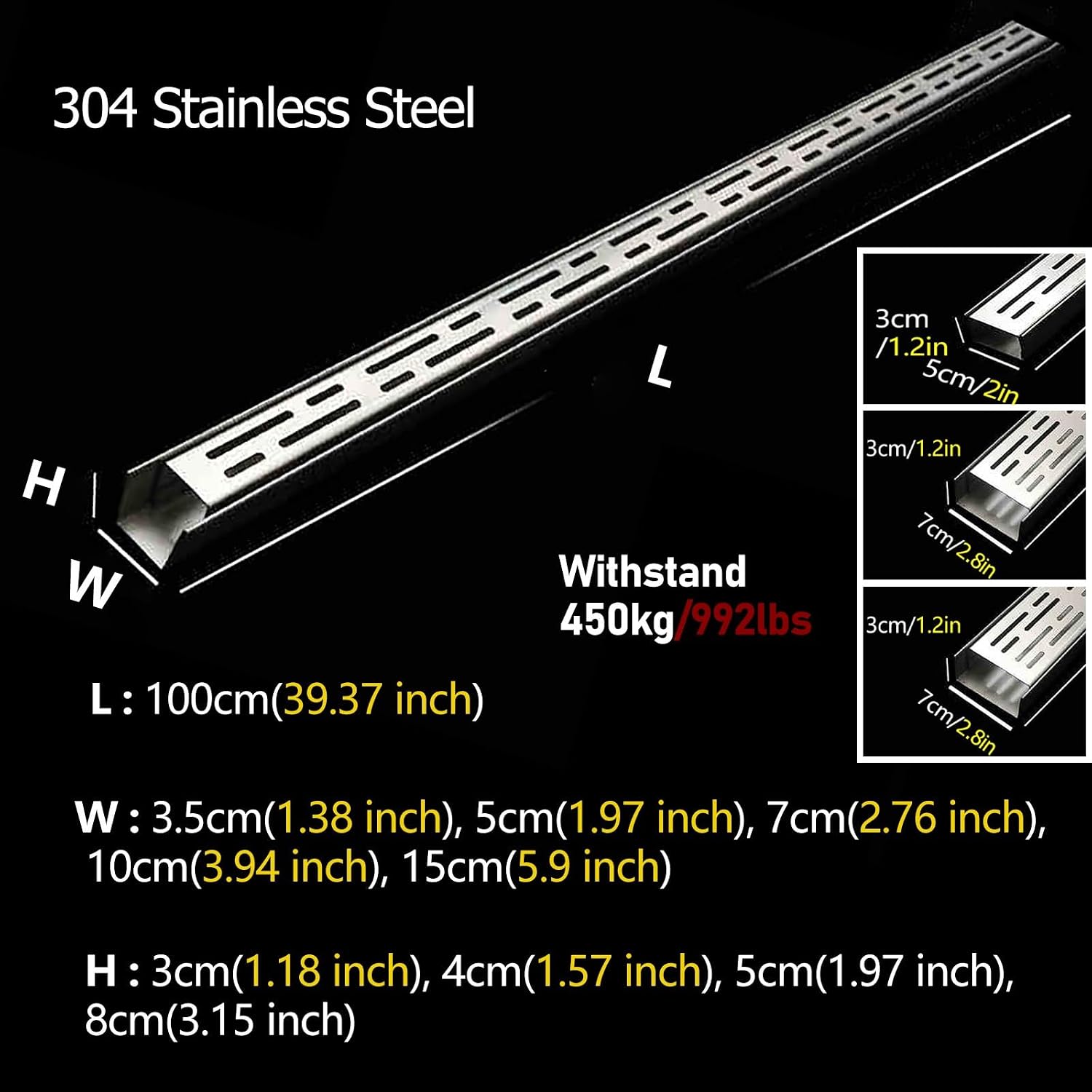 Outdoor Drainage Grate System - 3-Piece Stainless Steel Trench Drainage Channel for Terrace & Garden - Narrow Floor Drain Grates for Yard/Garage Use