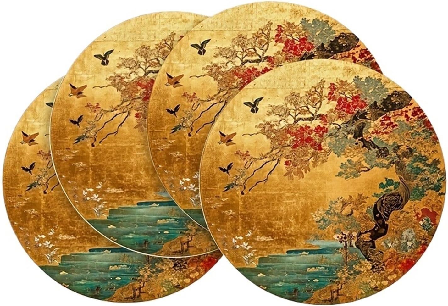 4PC Oriental Floral and Bird Luxury Gold-Backed Placemats Chinese Banquet Table Decorative Accessories