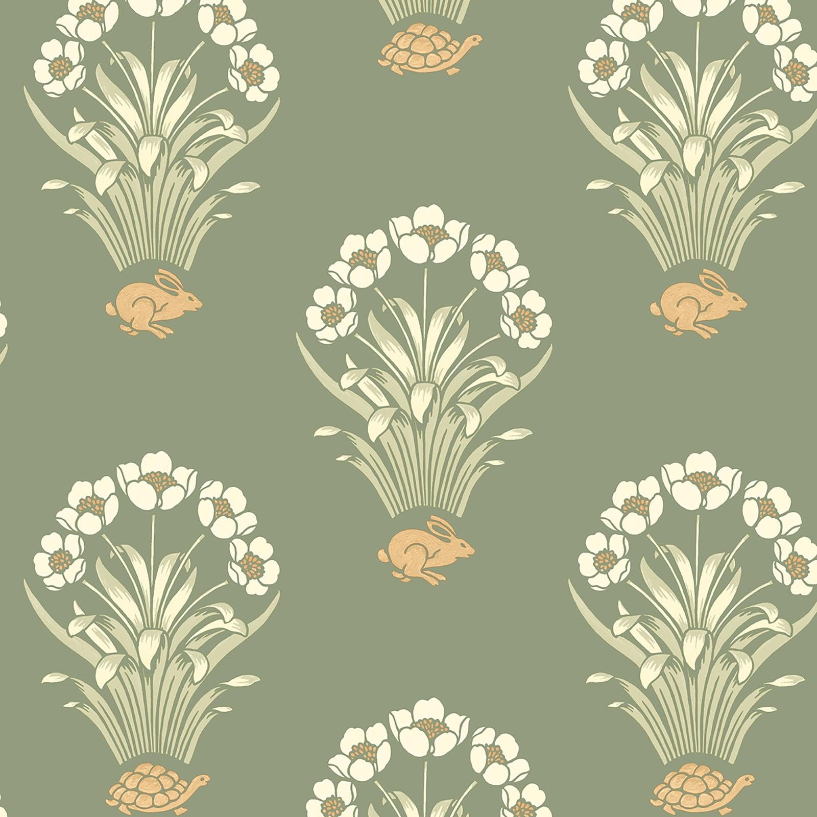 Yöl Sage Green Tortoise And Hare Wallpaper - Floral Flowers Animal Print Stylish Naturistic - Trendy Feature Wall