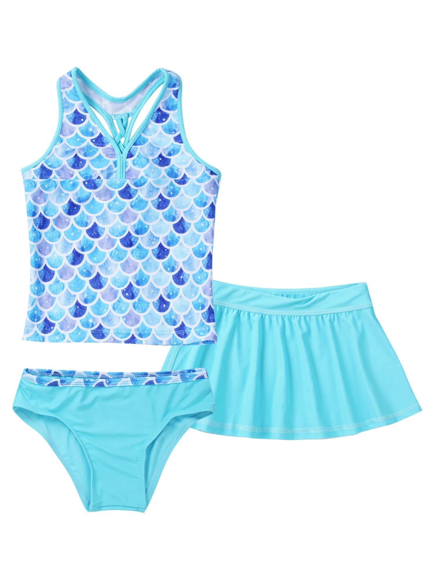 Nyeemya Traje de Baño Estampado Hojas de Palma, de 3 Piezas para Niñas Ropa de Baño Conjunto de Playa Top + Falda + Barga 7-16 Años