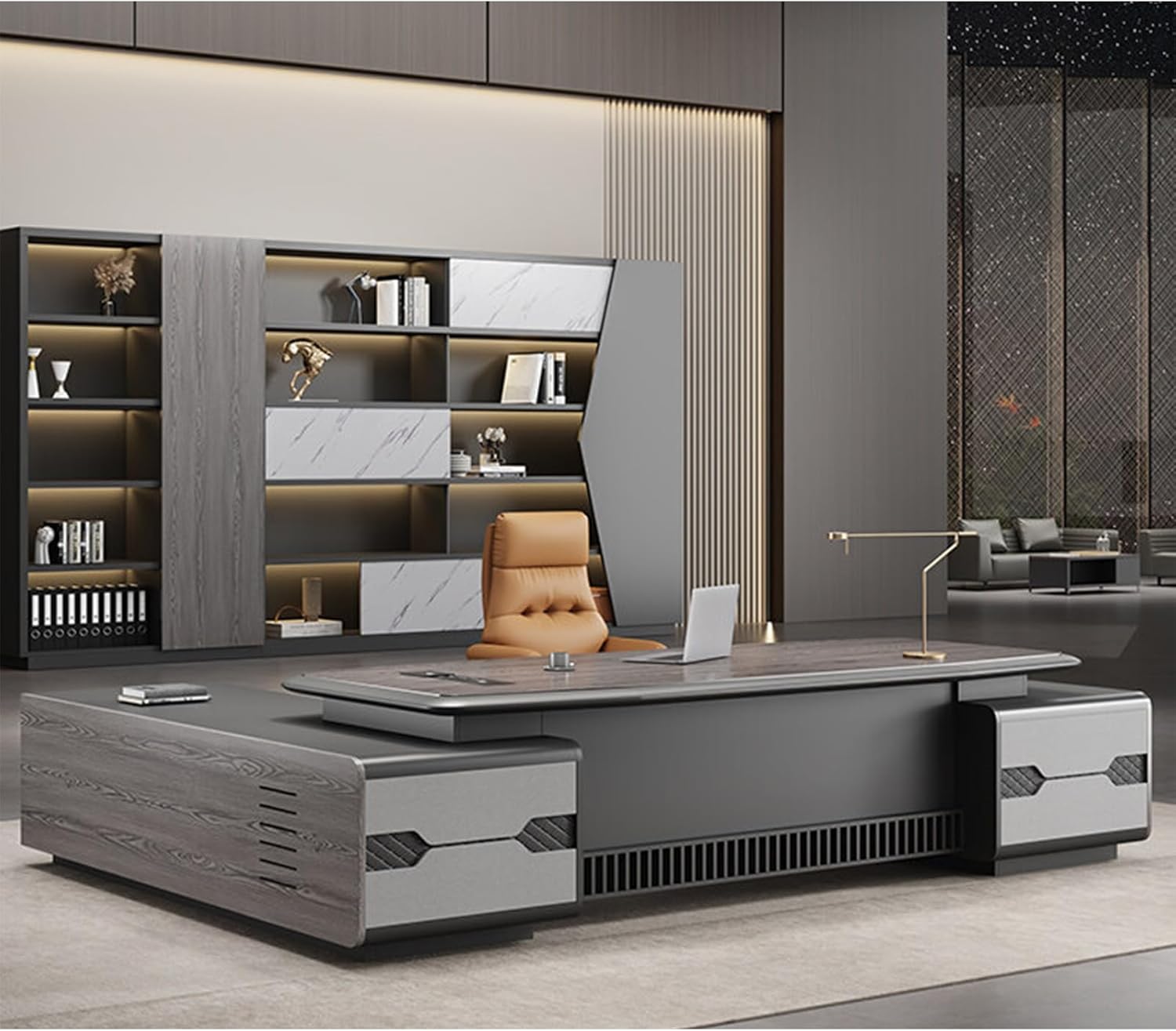 Grey L Shaped Computer Desk Executive Office Desk with Lateral Cabinet Gaming Writing Table Business Furniture Set for CEO Boss