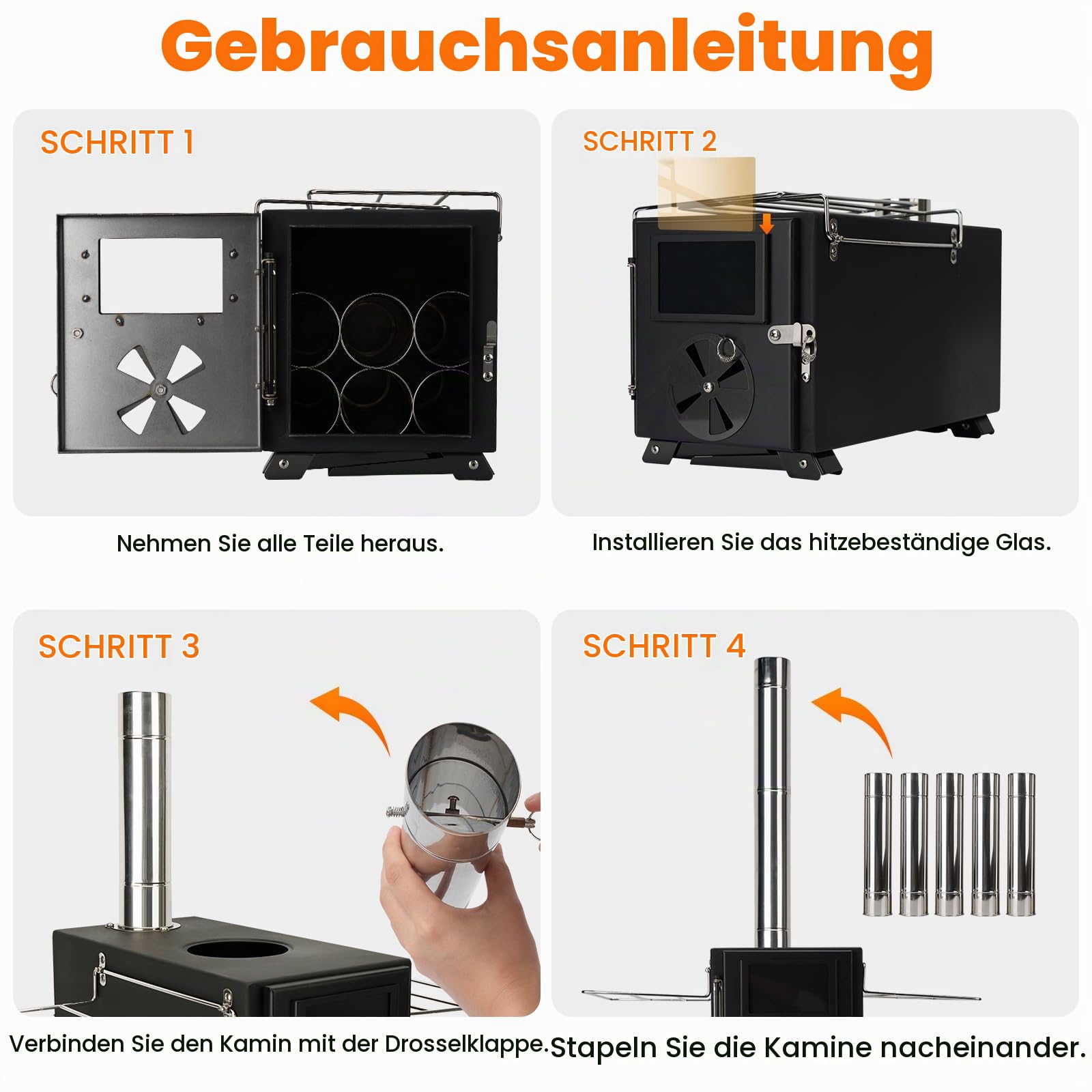 SOPPY Zeltofen mini Holzofen Tragbarer Campingkocher Edelstahl Herd Campingofen Gartenofen mit Schornsteinrohre Werkstattofen für Zelt/Garten/Camping/Outdoor/Picknick/Kochen, Schwarz