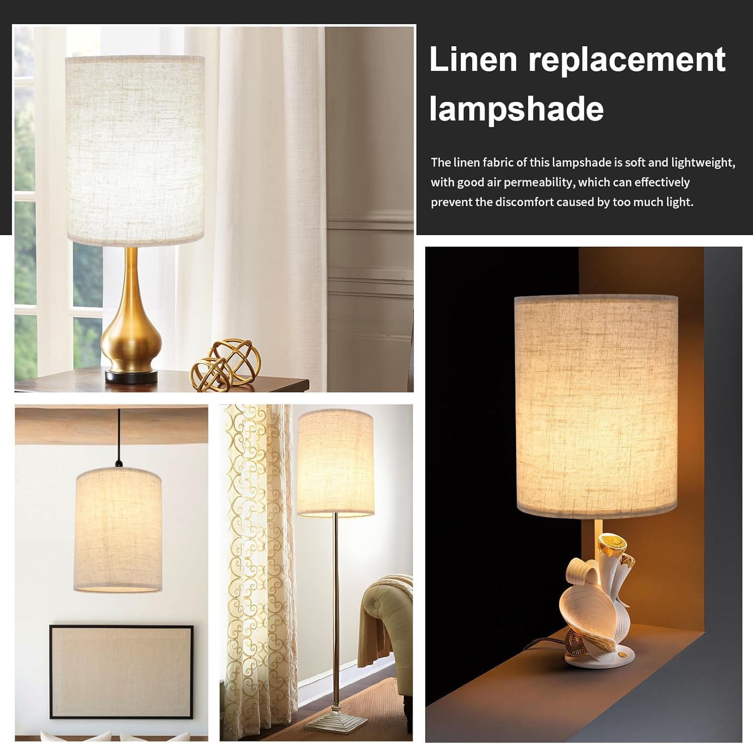 Beige Linen Tall Drum Lampshade, 10" Top x 10" Bottom x 13" High Lamp Shade, Lamp Shade Replacement for Table and Floor Lamps, Pendant Light, Handcrafted Lampshade, Easy Assembly