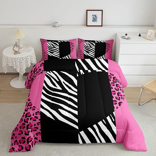 Manfei Juego de edredón de leopardo rosa, tamaño individual, juego de edredón romántico con estampado de corazón con 1 funda de almohada, juego de