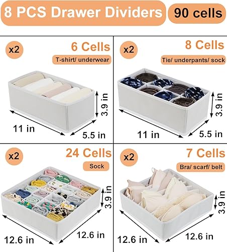Miniatura 4 de Paquete de 8 organizadores de cajones de ropa interior, contenedores organizadores plegables para brasieres, 90 celdas, organizador de ropa de tela,