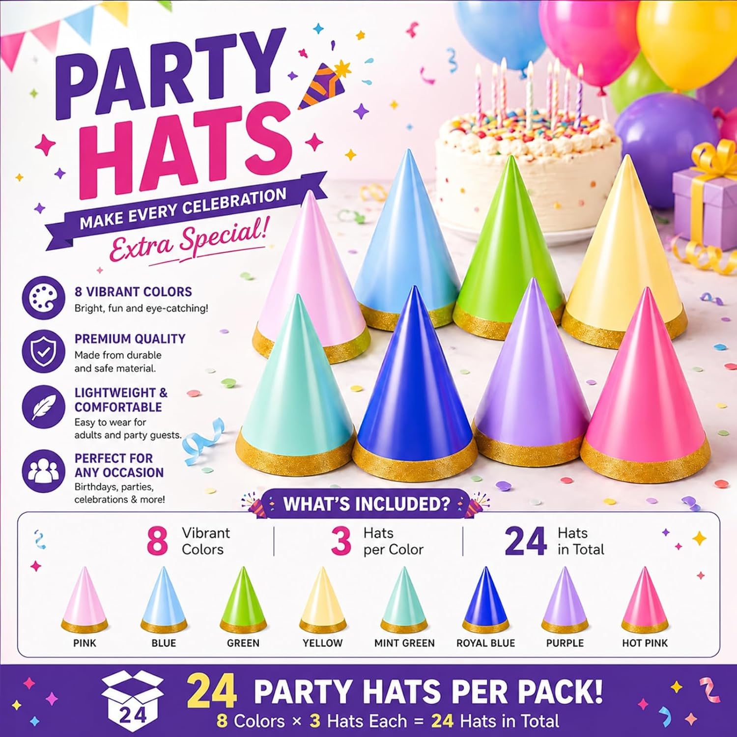 Pre-Assembled Party Hats for Adults,Birthday Party Headwear for Women Men Party Supply for Party Decorations