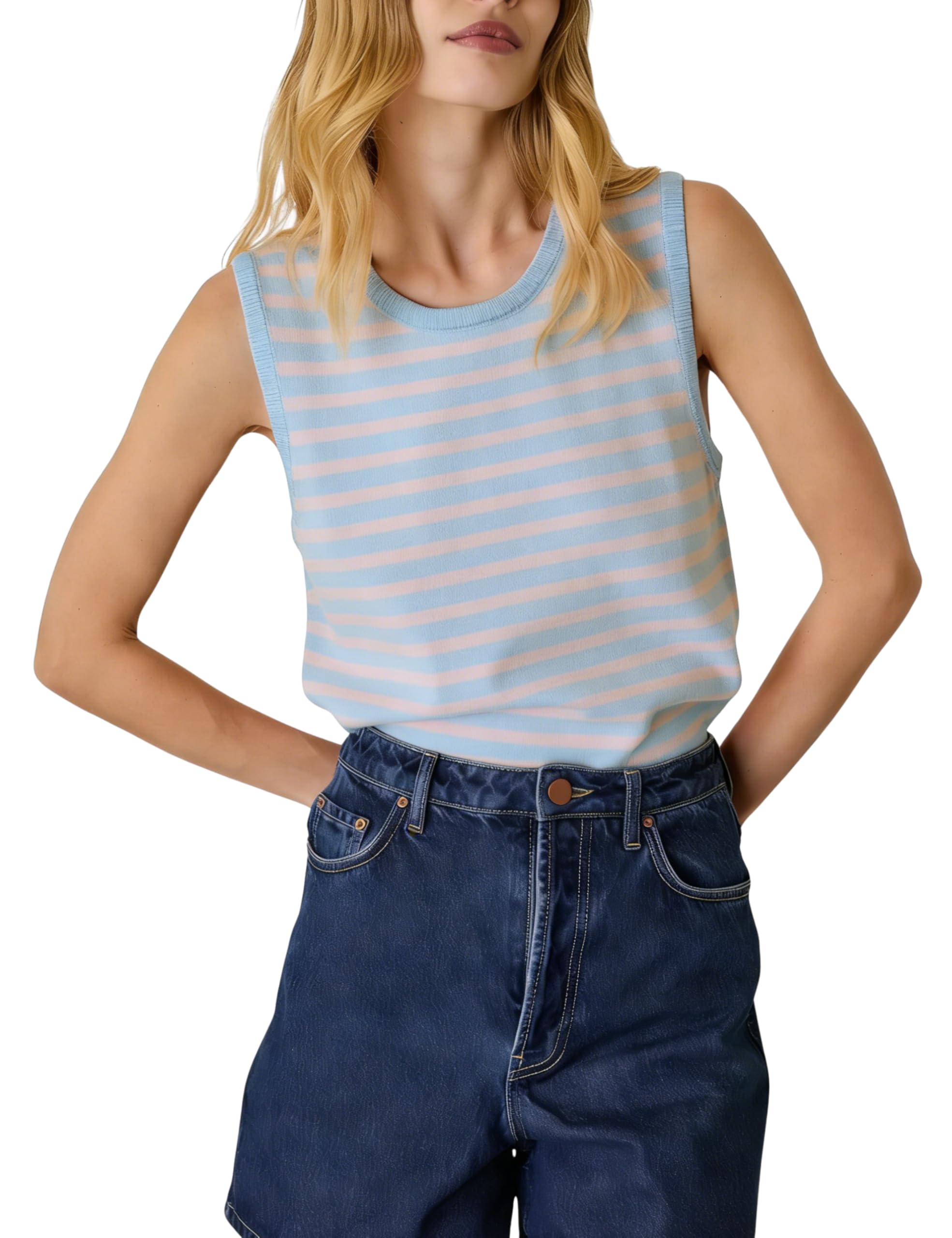 Hongsui Women's Striped Color Block Sweater Vest Ribbed Knit Tank Tops Oversized Crewneck Pullover