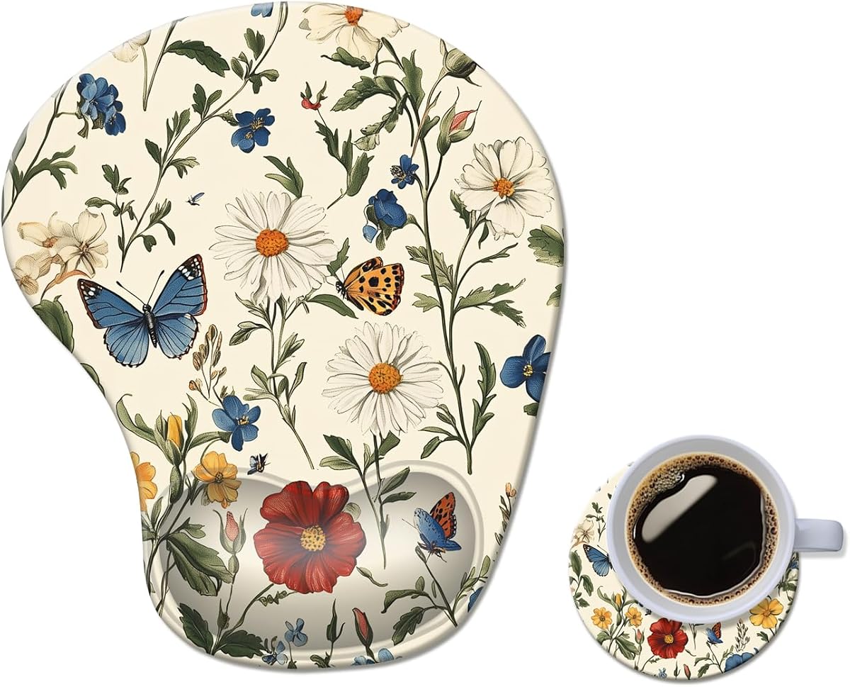 Ergonomic Mouse Pad with Wrist Rest,Comfortable Computer Gel Mouse Pad Wrist Support for Laptop,Pain Relief Mousepad with Non-Slip PU Base Floral Butterfly