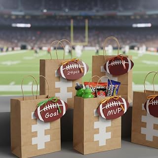 Defresit 24 Pcs DIY Football Gift Bags with Handles & Stickers - Kraft Paper Football Party Favor Goodie Bags Set with Tags, Marker & Ribbons for Team Snacks, Touchdown Parties, Game Day