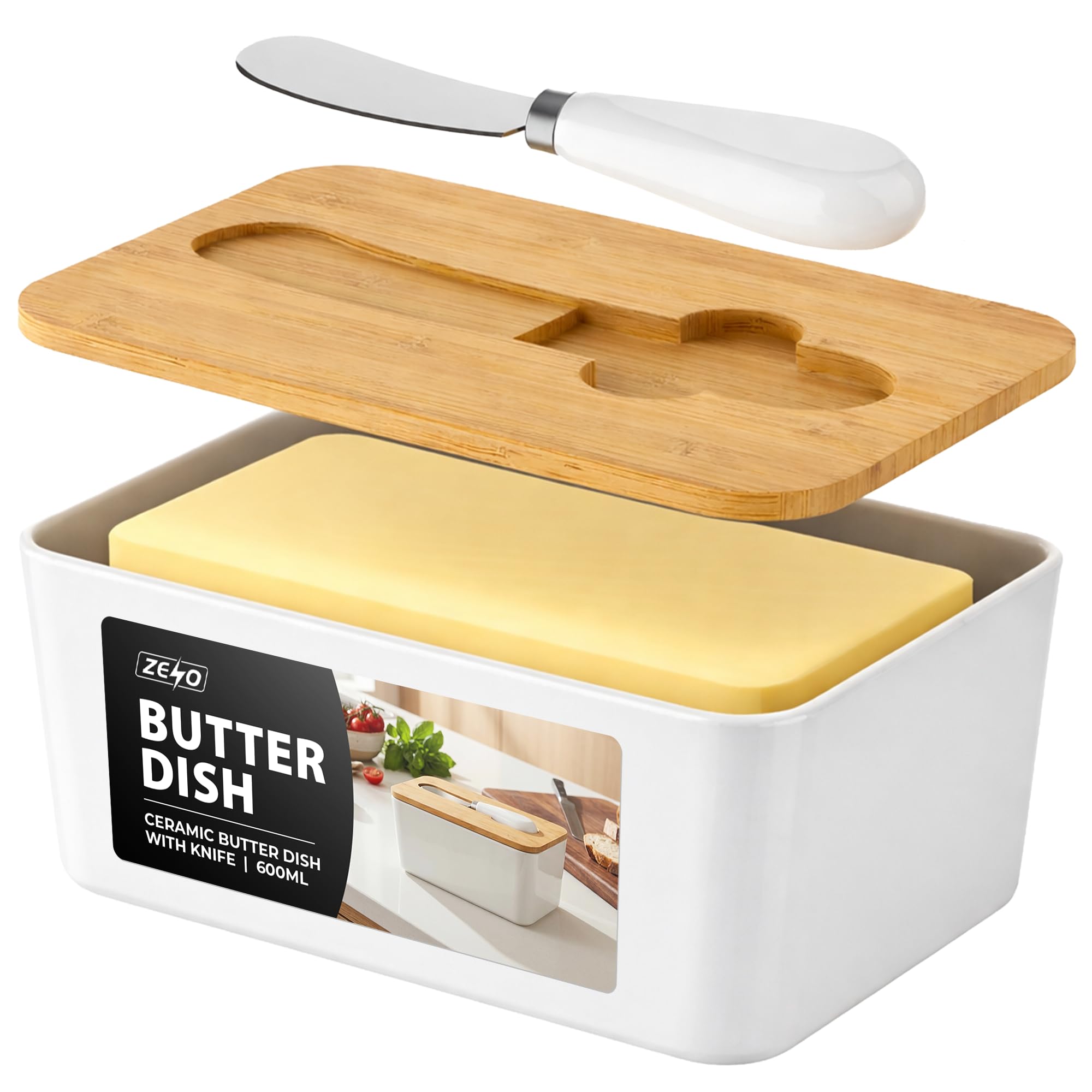 ZENO Butter Dish with Lid | Ceramic Butter Dish with Knife | Large 600ml Capacity | Double Silicone Seal & Airtight Lid | Keeps Butter Fresher for Longer | Fits All Types of Butter