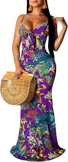 SheKiss Women's Summer Floral Spaghetti Strap Long Maxi Dresses Low-Cut Bohemian Beach Sundress