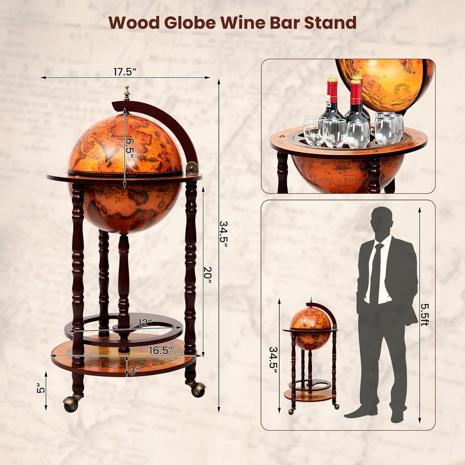 Movable Globe Bar, Wood Wine Storage Cart with Mid-Century Retro Nautical Map, 3 Wheels & Bottom Rack, 16th Century Italian Replica Liquor Cabinet Stand Cart for Home Office Bar Pub (Brown)