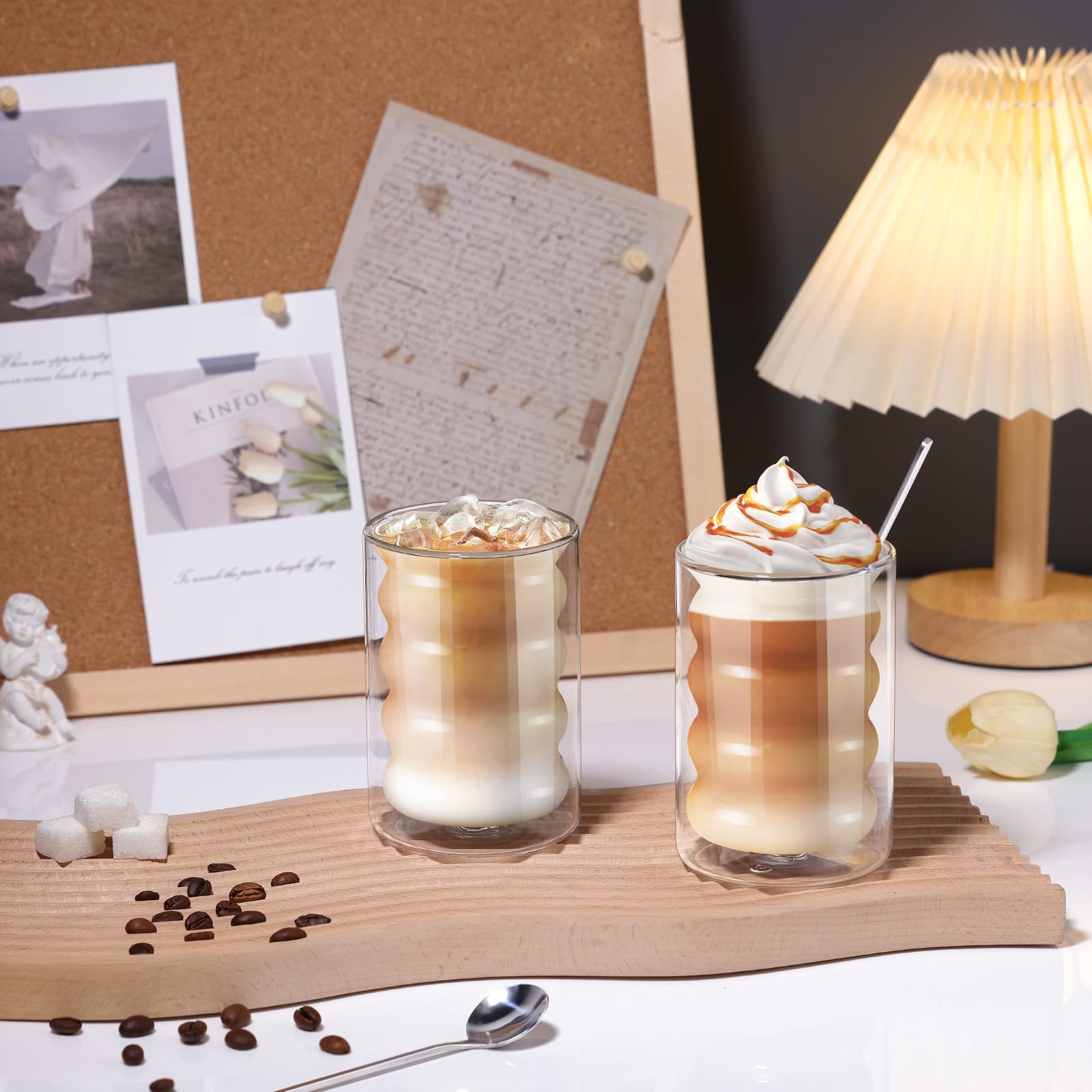 ecooe Szklanki do kawy o podwójnych ściankach 350 ml, szklanki do latte macchiato, zestaw 6 sztuk, szkło borokrzemowe, filiżanki do kawy, szklanki do herbaty z łyżeczką do cappuccino, herbaty, lodów,