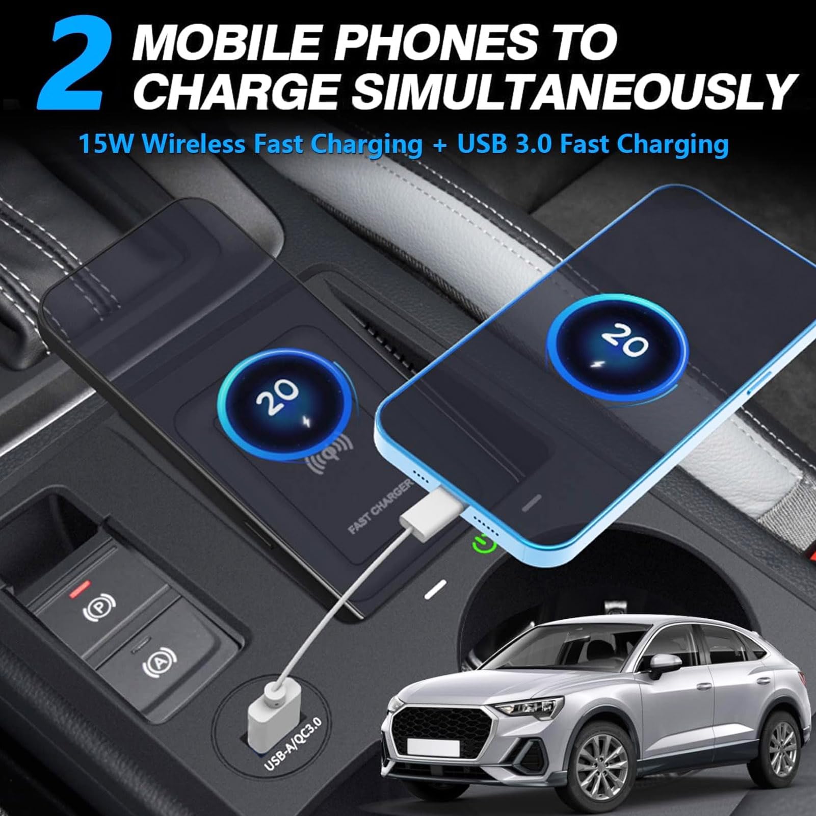 2024 Nuova Versione Caricatore Wireless per Auto per Audi Q3/Q3L Sportback 2020-2024 Tutti i Modelli, 15W Ricarica Rapida con Porta USB 27W Caricatore Wireless per Telefono Qi, Nero