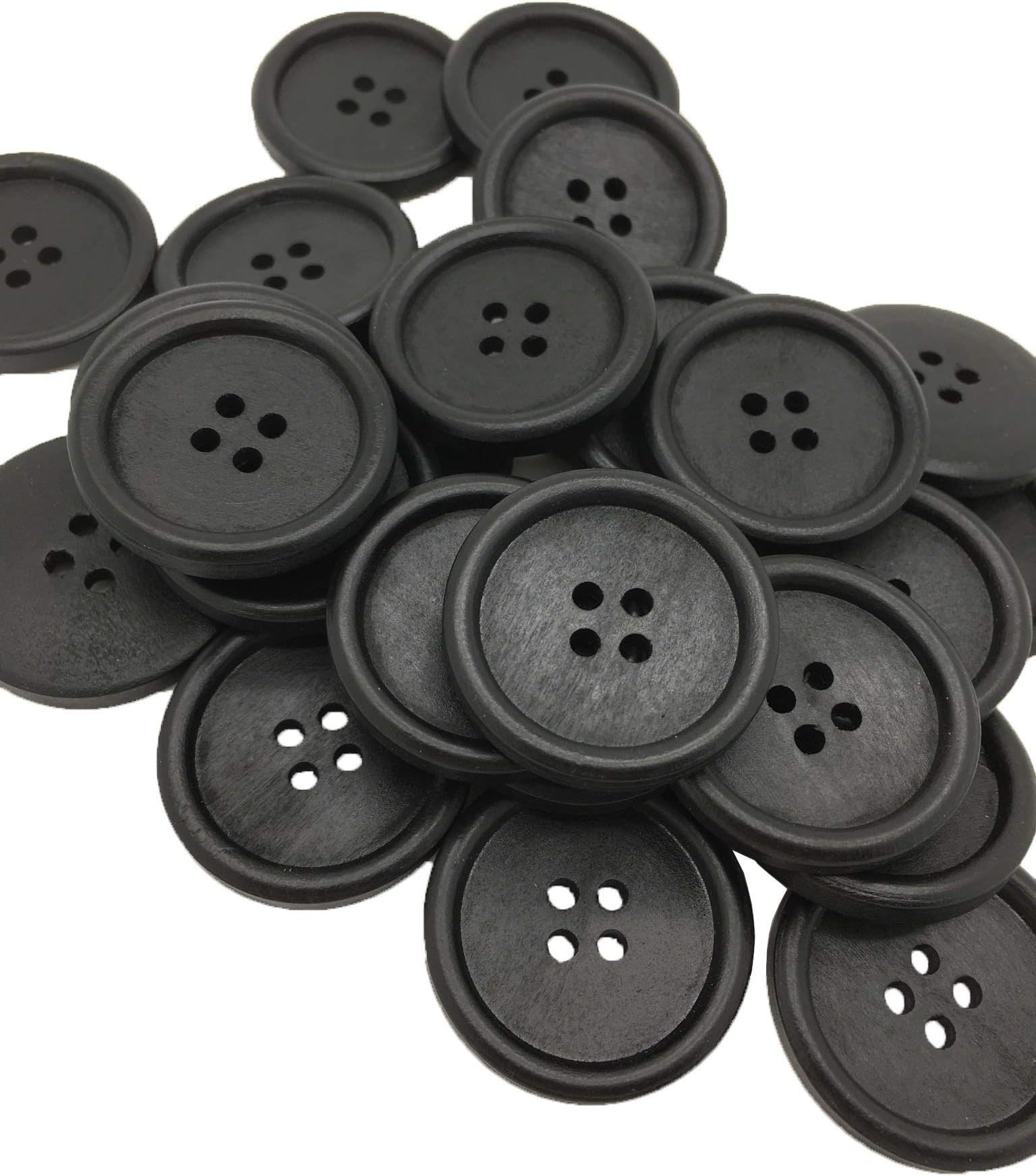 30 Pack Okallo Products Premium Large Black Wooden Buttons - 30 MM (1 3/16 inches) Diameter - 4 Hole Wood Button