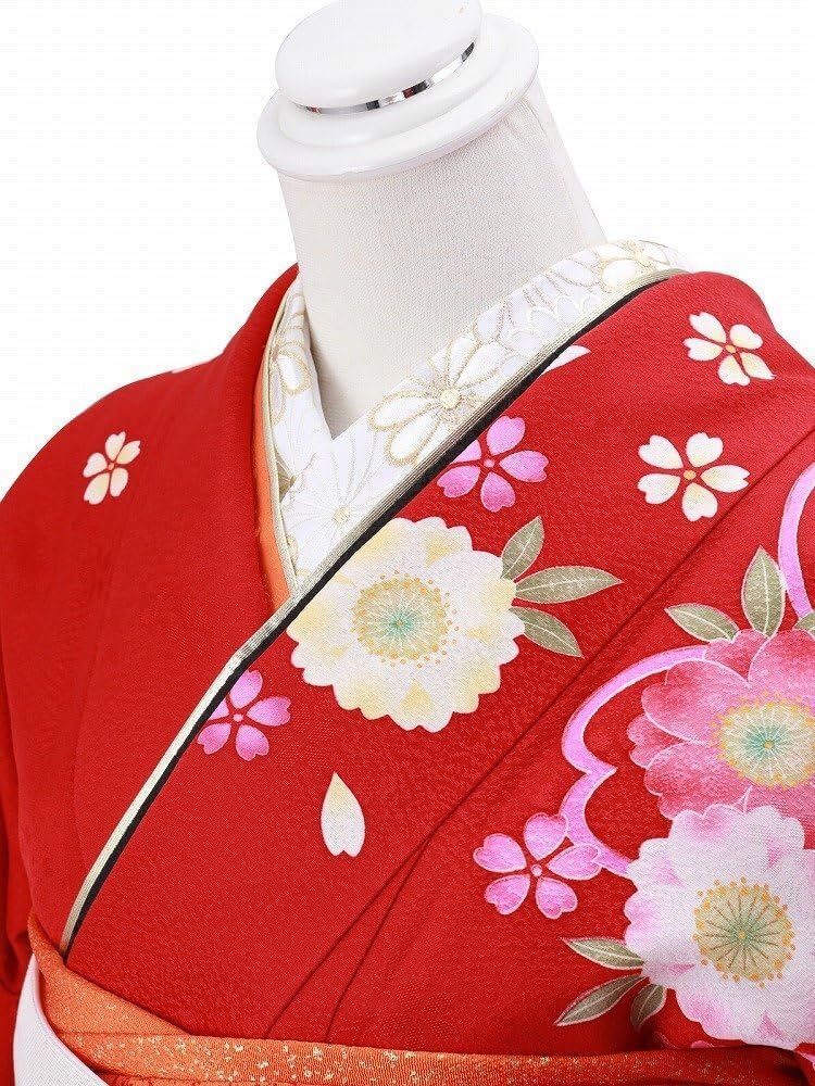 振袖用 正絹 帯揚げ 帯締め 重ね衿 4点セット (26)赤 レッド ダイヤ