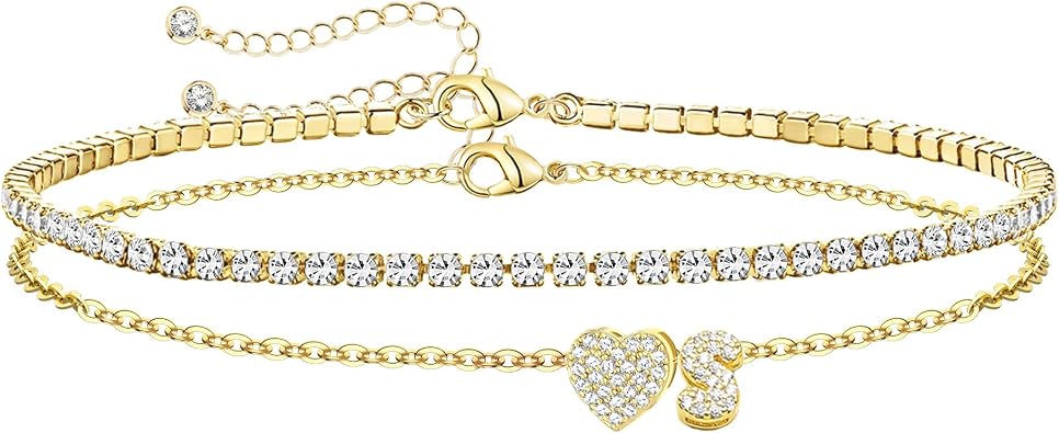 Gold Initial Ankle Bracelets for Women 14K Gold Plated CZ heart Tennis Anklets for Women Waterproof Adjustable Initial Anklets Large Ankle Summer Beach Foot Jewelry