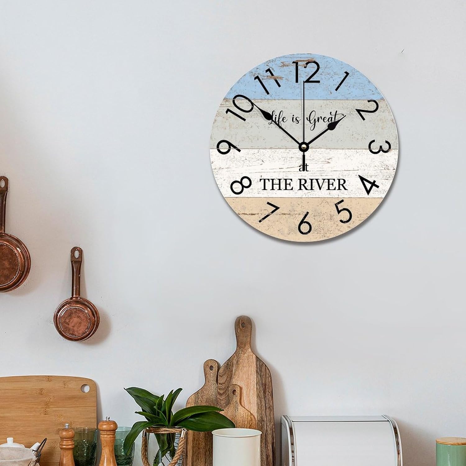 Life is Great at The River Clock Lake Time 12 Inch Large Wall Clocks Battery Operated Silent Non-Ticking Rutic Hanging Clock for Bedroom Living Room Farmhouse Wall Decor