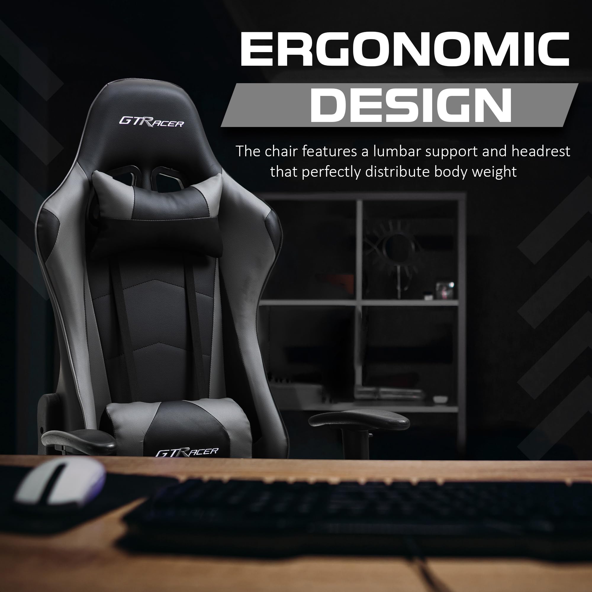 GTRACER Pro Gaming - Silla de oficina ergonómica con reposabrazos ajustables, piel sintética, incluye cojín lumbar y almohada (negro y gris)