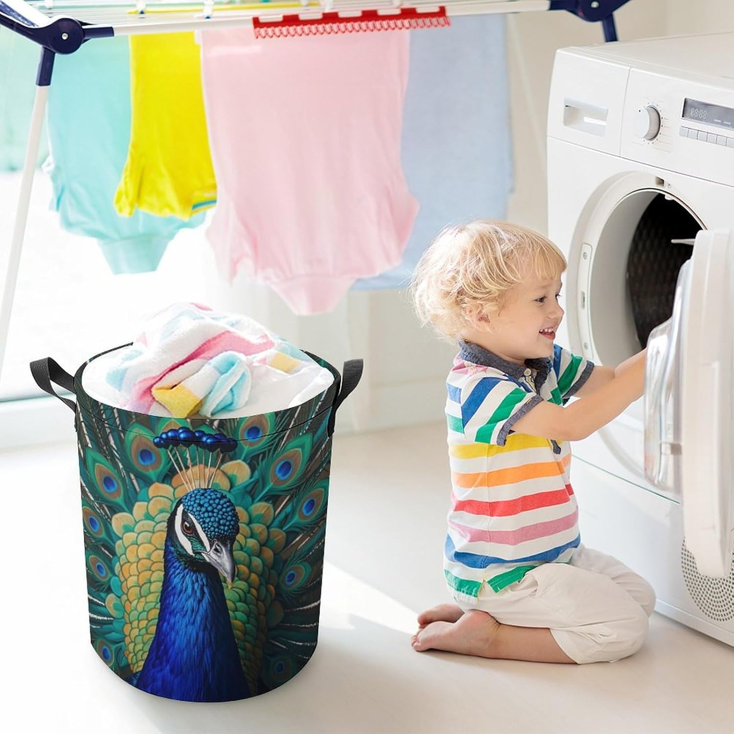 Blue Peacock Laundry Bag Large Collapsible Laundry Baskets Freestanding Waterproof Clothes Hamper with Handles & Drawstring for Laundry Room Bedroom Bathroom
