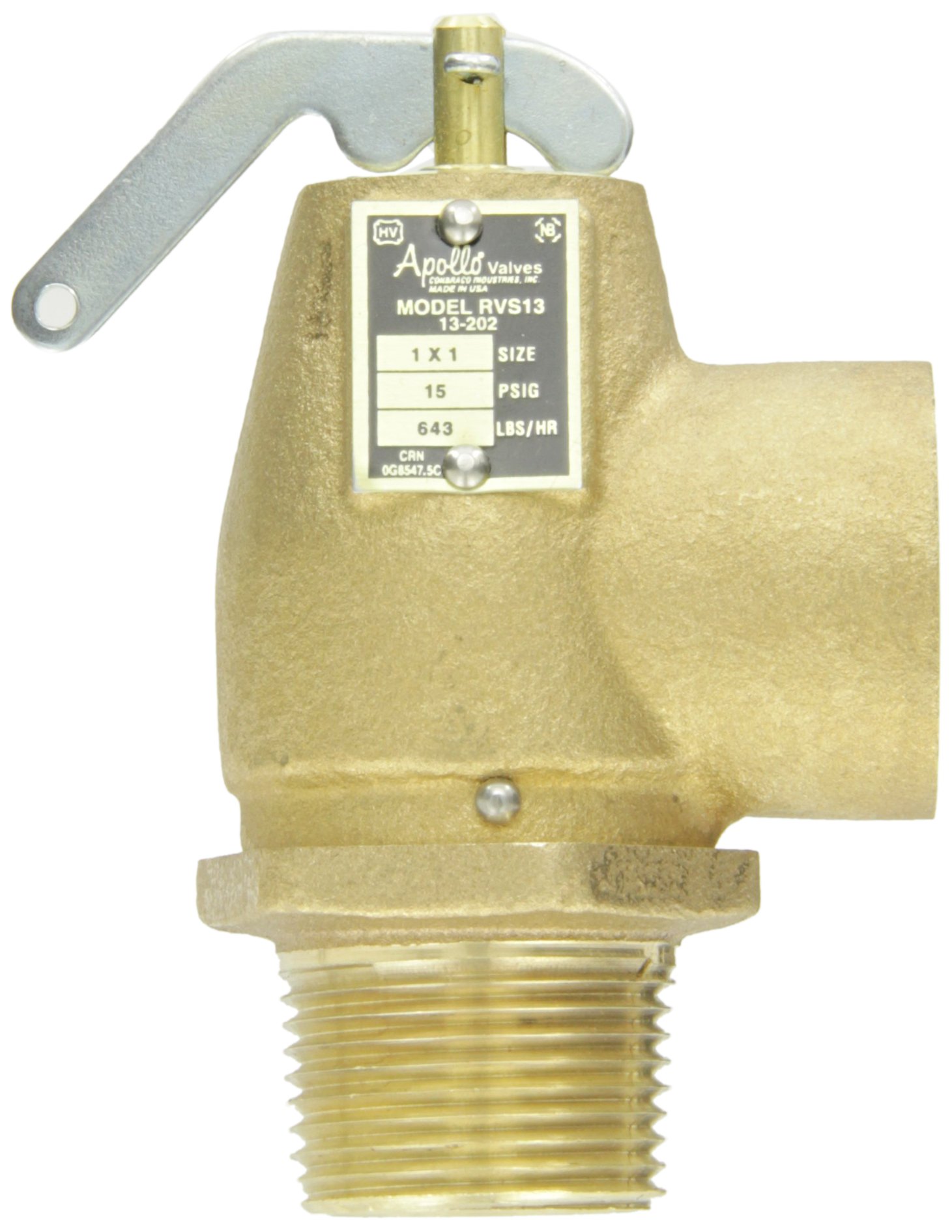 Apollo Valve Válvula de alivio de seguridad de bronce serie 13-202, vapor ASME, presión de juego de 15 psi, NPT macho x hembra de 1 pulgada