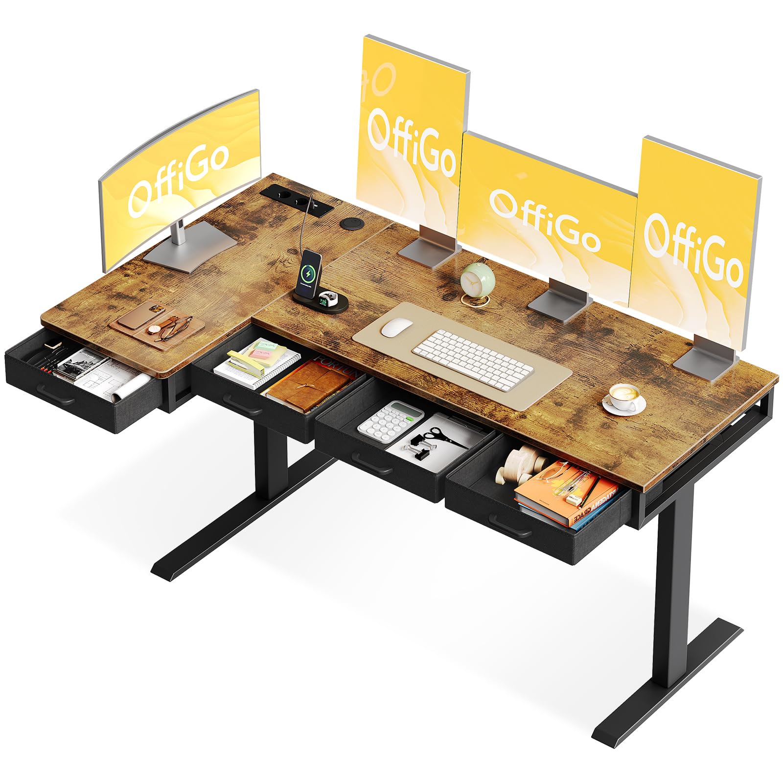 OffiGo Escritorio Elevable, 160cm Mesa Elevable160cm, Escritorio Eléctrico con 4 Cajones, Escritorio en L con Enchufe para Casa, Oficina, Lugar de Trabajo, Marrón Rústico